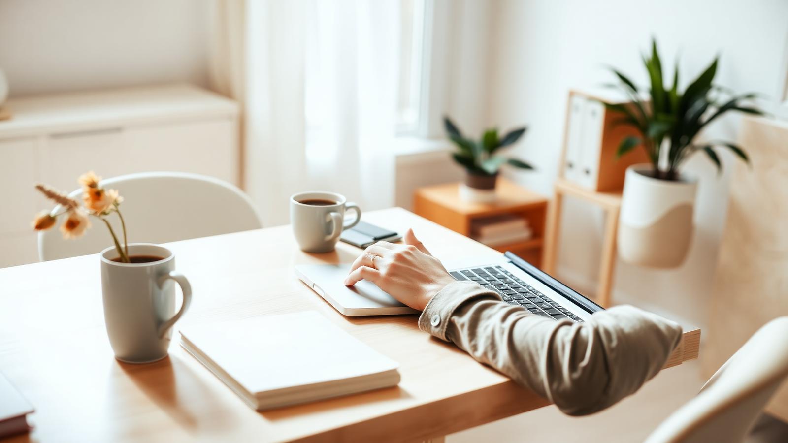 A bright home office with a laptop, planner, notebook, and coffee